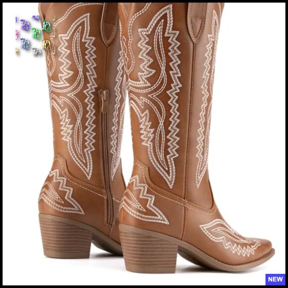 Western Cowboy Boots Square Toe Embroidery Mid Calf Retro Chic Heeled - Picture 6 of 7